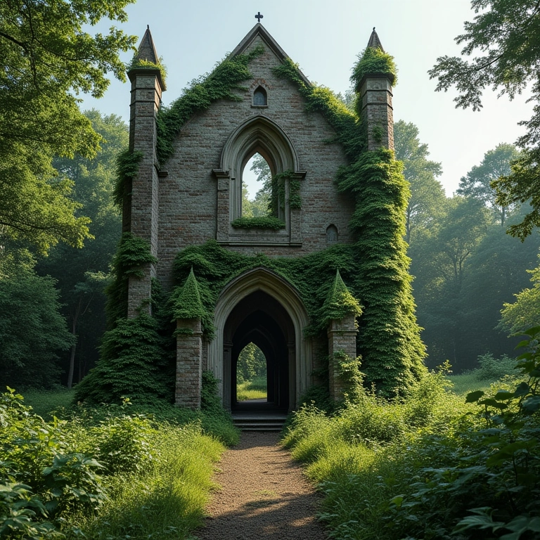 Igreja em ruínas tomada pela vegetação, simbolizando o tempo e a mudança.