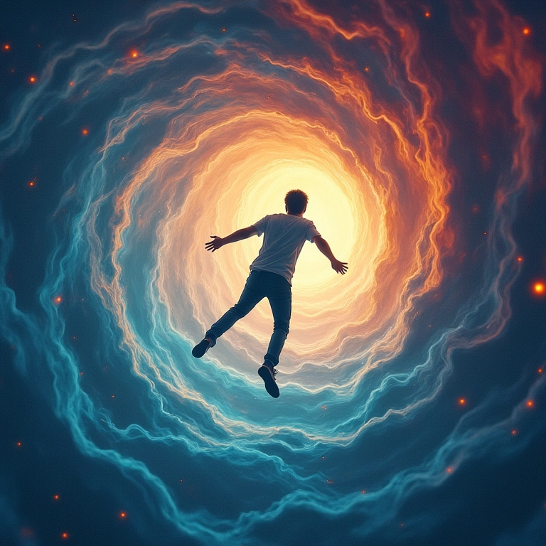 Ilustração onírica de uma pessoa caindo em um vórtice colorido, representando a ansiedade de sonhar com queda.