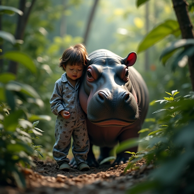 Ilustração onírica de uma pessoa interagindo pacificamente com um hipopótamo gigante.