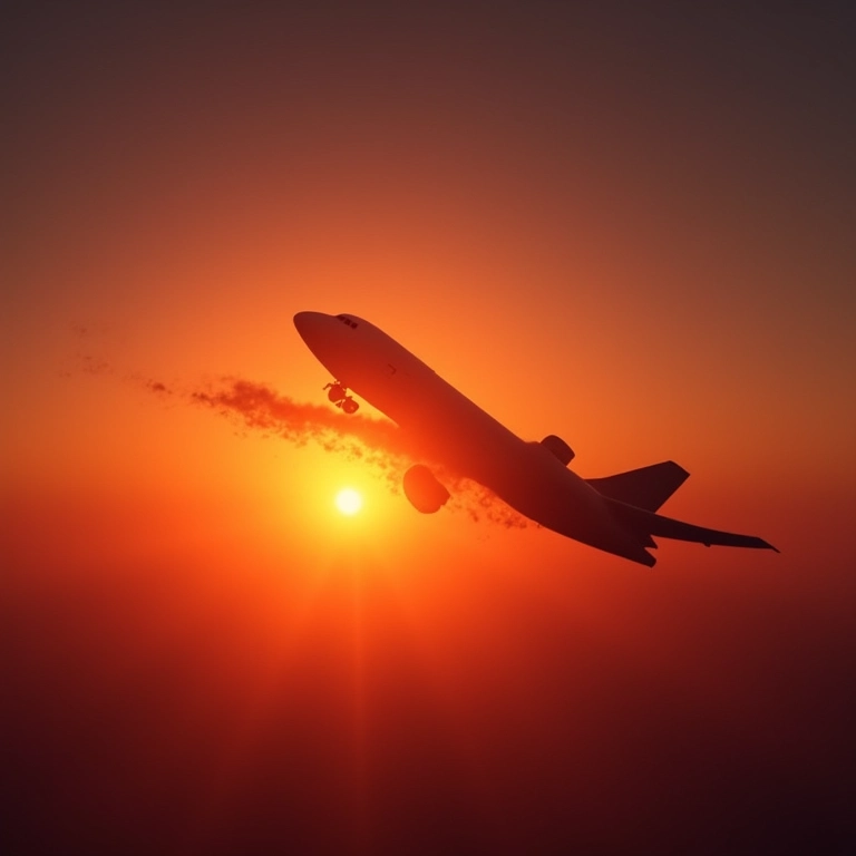 Imagem dramática de um avião em perigo com o céu ao entardecer.