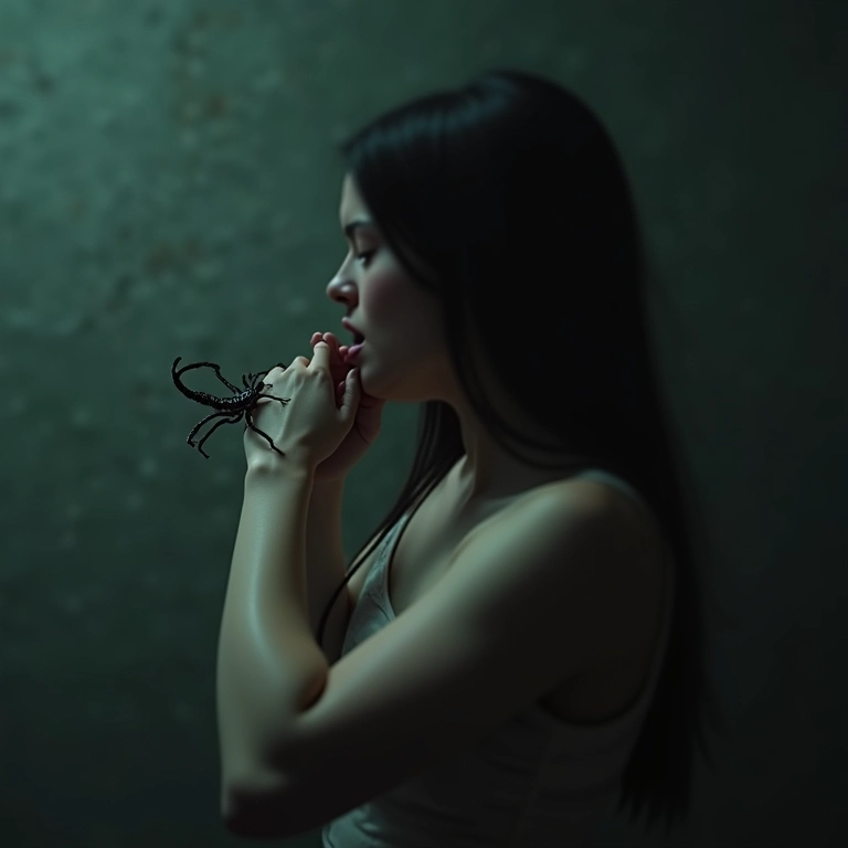 Imagem surreal de pessoa sentindo dor ao ser picada por escorpião em sonho.