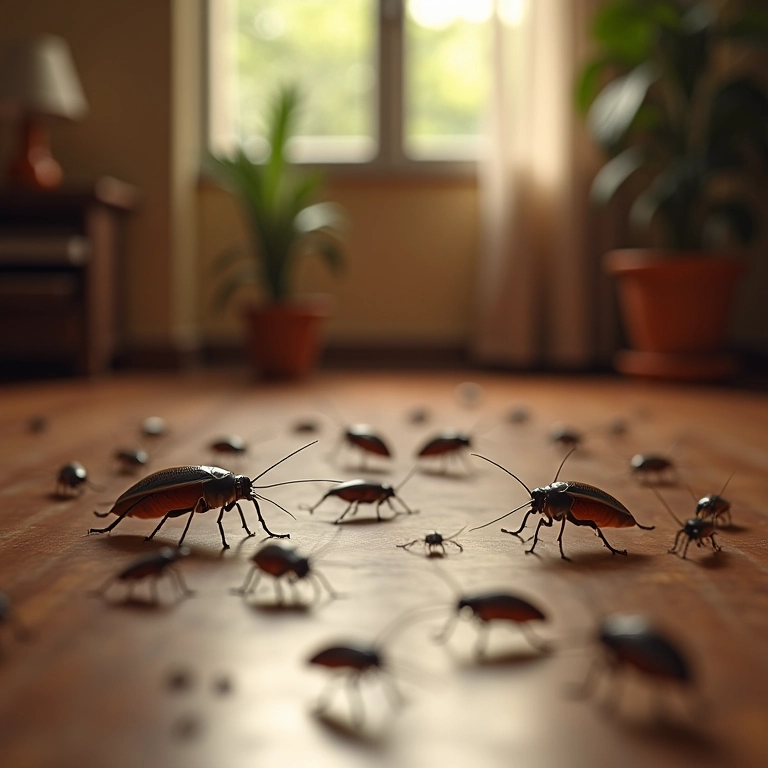 Infestação de baratas correndo pelo chão de sala brasileira.