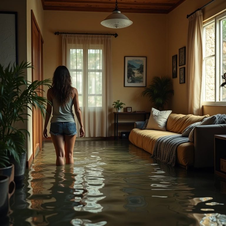 Interior de casa brasileira alagada, mulher demonstra aflição com a água.