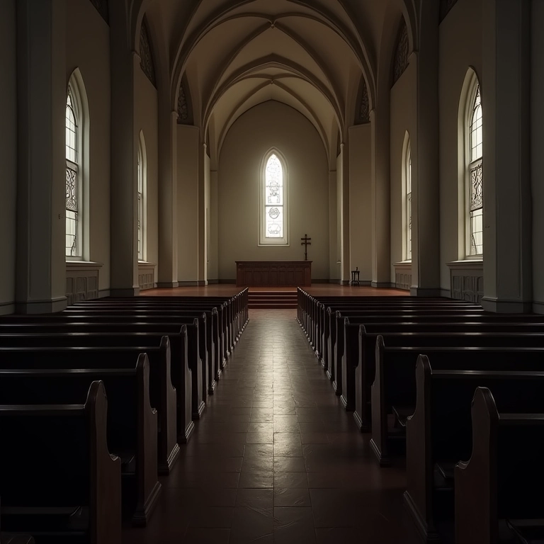 Interior de igreja vazia, transmitindo solidão e introspecção.
