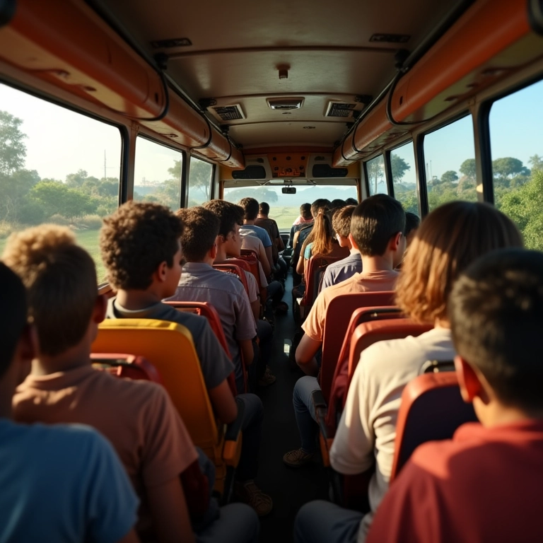 Interior de um ônibus lotado com passageiros diversos no Brasil.