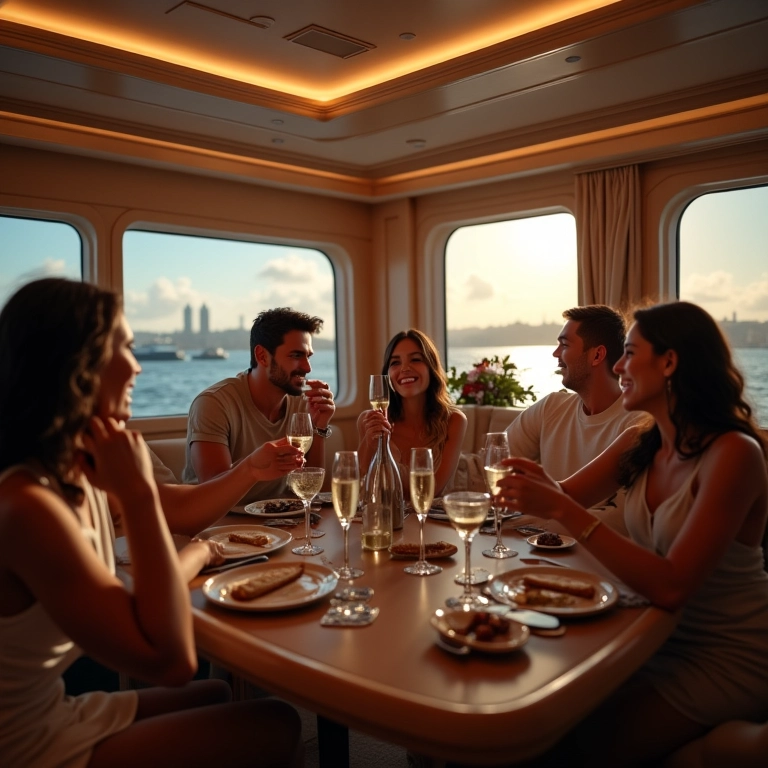 Interior de yacht luxuoso com pessoas brindando.
