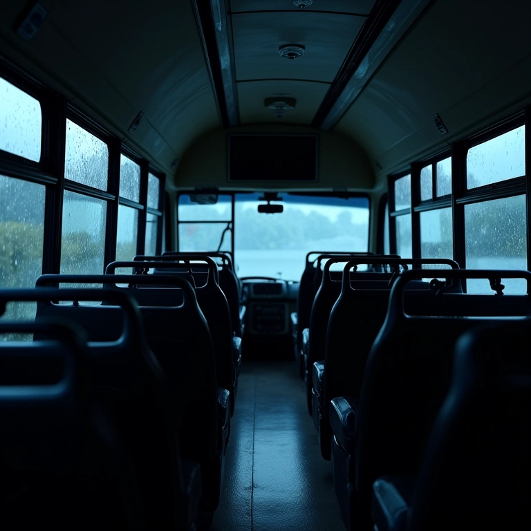 Interior vazio de um ônibus à noite, com chuva nas janelas.