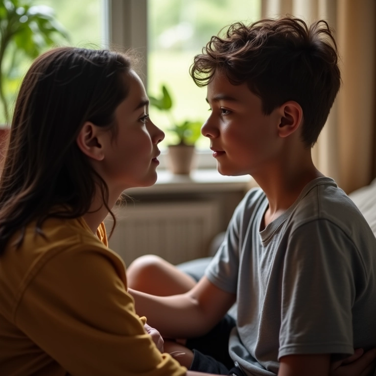 Irmã mais nova conversando com o irmão mais velho, demonstrando respeito e admiração.