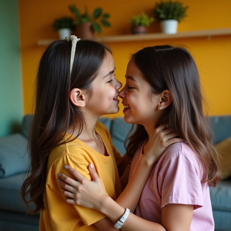 Irmã mais velha consolando irmã mais nova em lar vibrante.