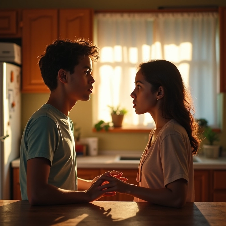 Irmãos adultos discutindo em uma cozinha vibrante, refletindo conflitos familiares.