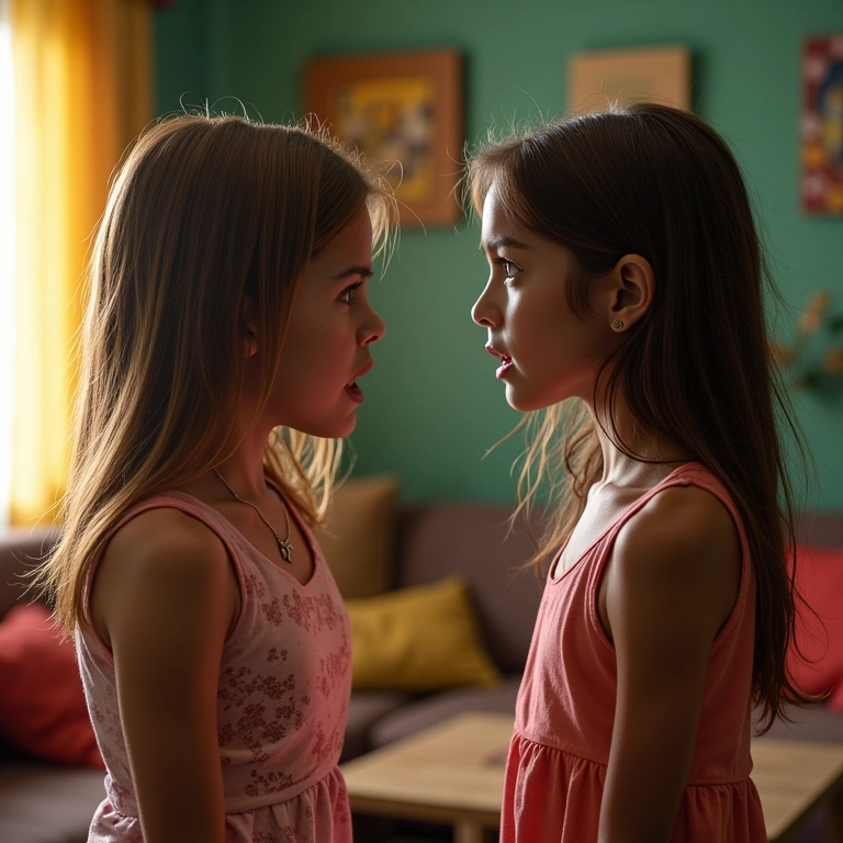 Irmãs discutindo em sala de estar.