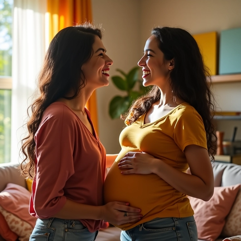 Irmãs grávidas rindo juntas em uma sala ensolarada.