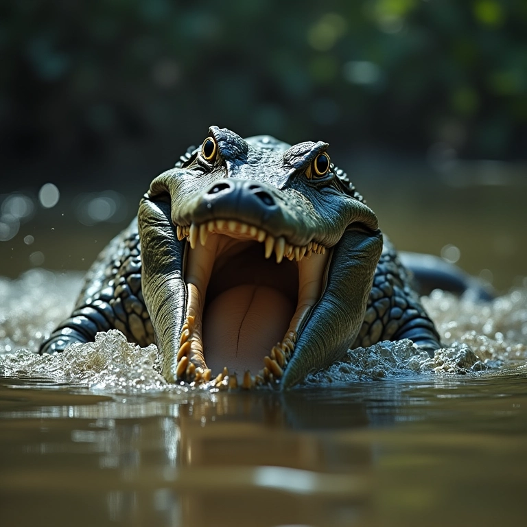 Jacaré atacando pessoa na água turva, simbolizando perigo e alerta.