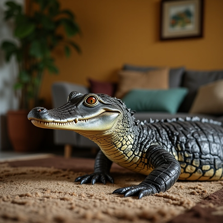 Jacaré dentro de casa decorada, simbolizando problemas familiares.