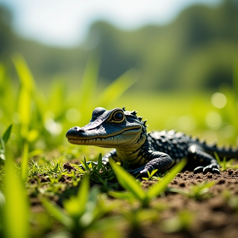Jacaré filhote descansando na margem de um rio.