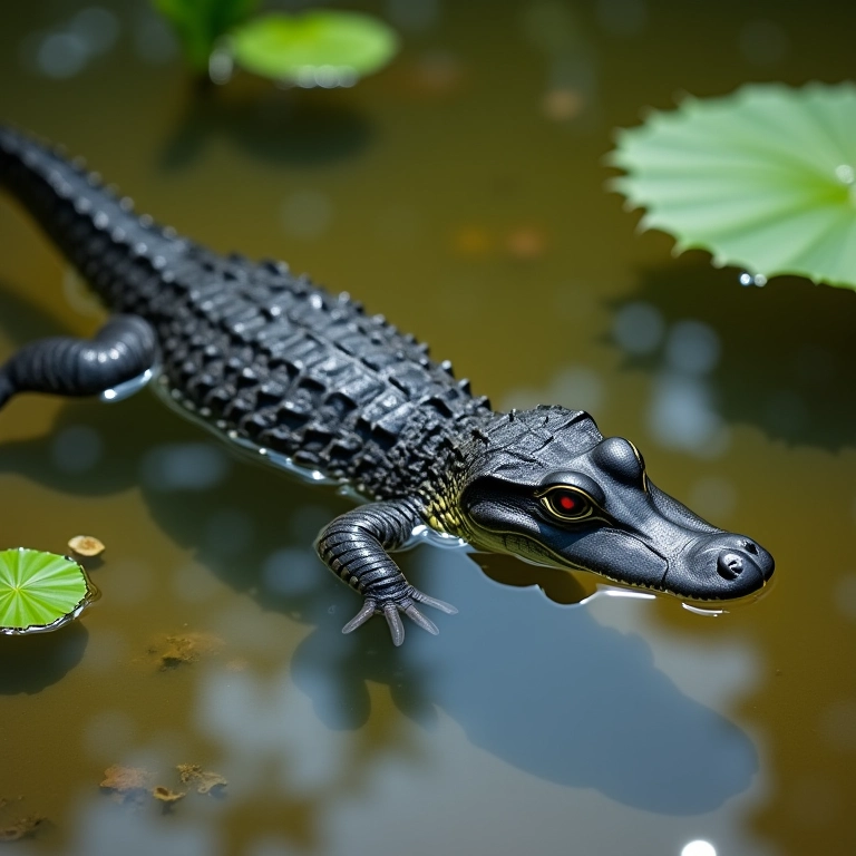Jacaré filhote nadando em rio amazônico.