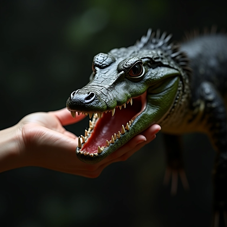 Jacaré mordendo uma mão, simbolizando traição e alerta.