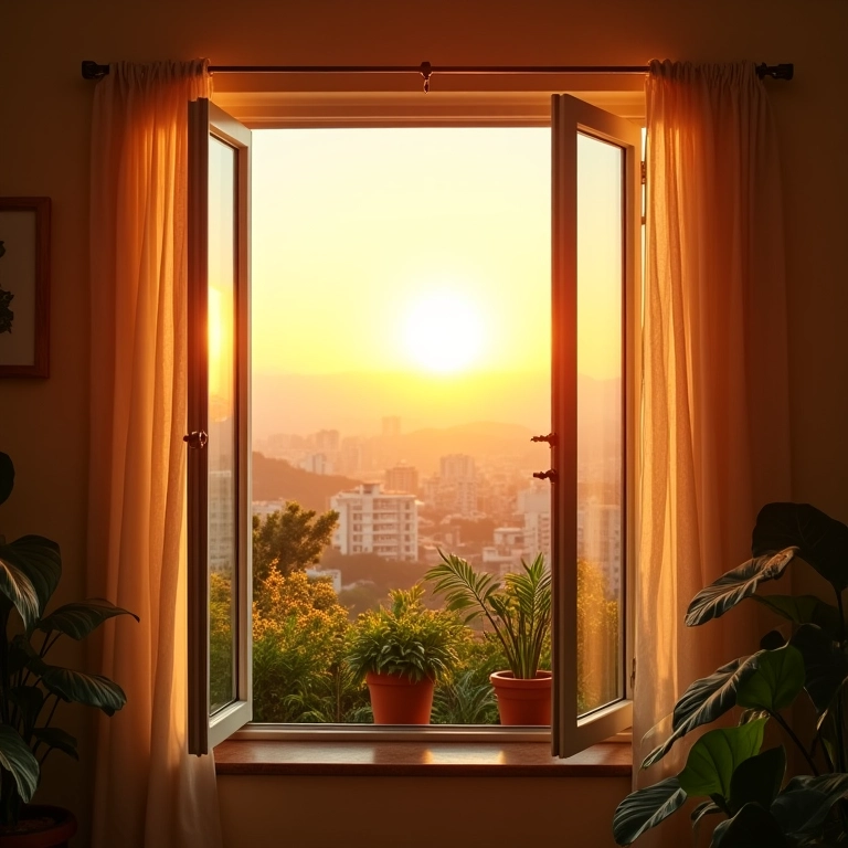 Janela aberta em casa brasileira com vista para a cidade, simbolizando um convite ao novo.