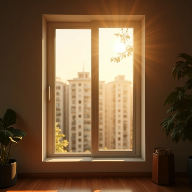 Janela de vidro quebrada com luz solar entrando.