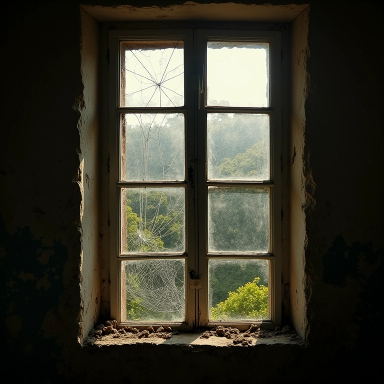 Janela quebrada em casa antiga, com detalhes que exigem atenção.
