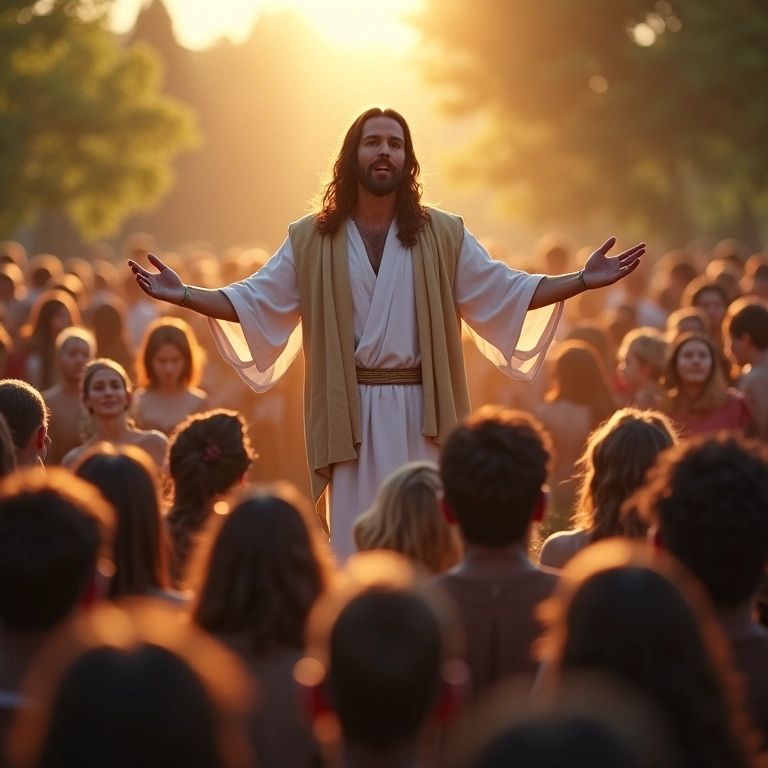 Jesus Cristo pregando para uma multidão diversa em um ambiente natural.