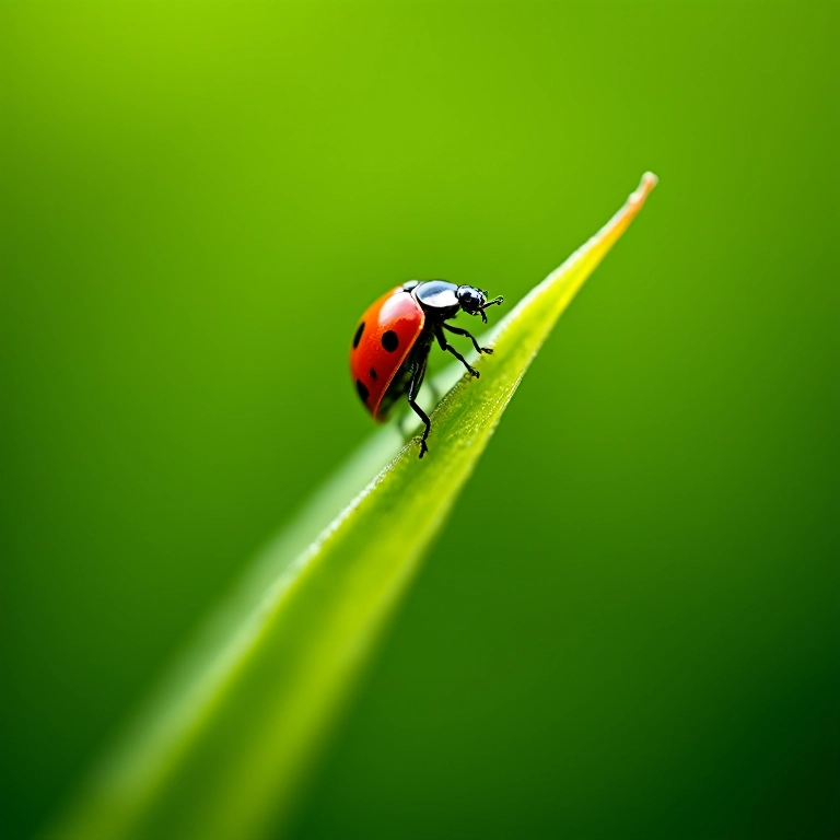 Joaninha decolando de uma folha verde, simbolizando sorte e novos começos.