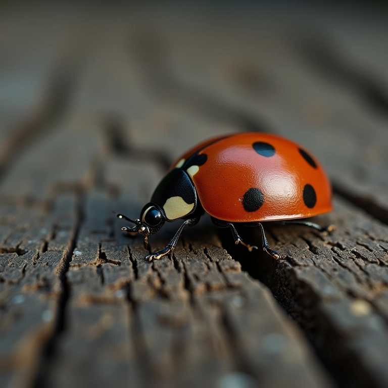 Joaninha morta sobre madeira rachada, reflexão sobre a fragilidade da vida.