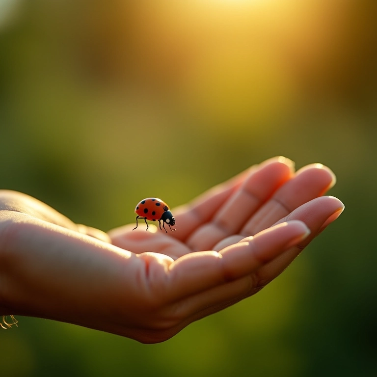 Joaninha pousando na mão de uma mulher, momento de conexão e serenidade.