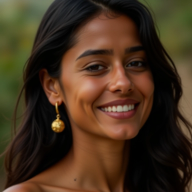 Jovem brasileira com brincos dourados, sorrindo suavemente.
