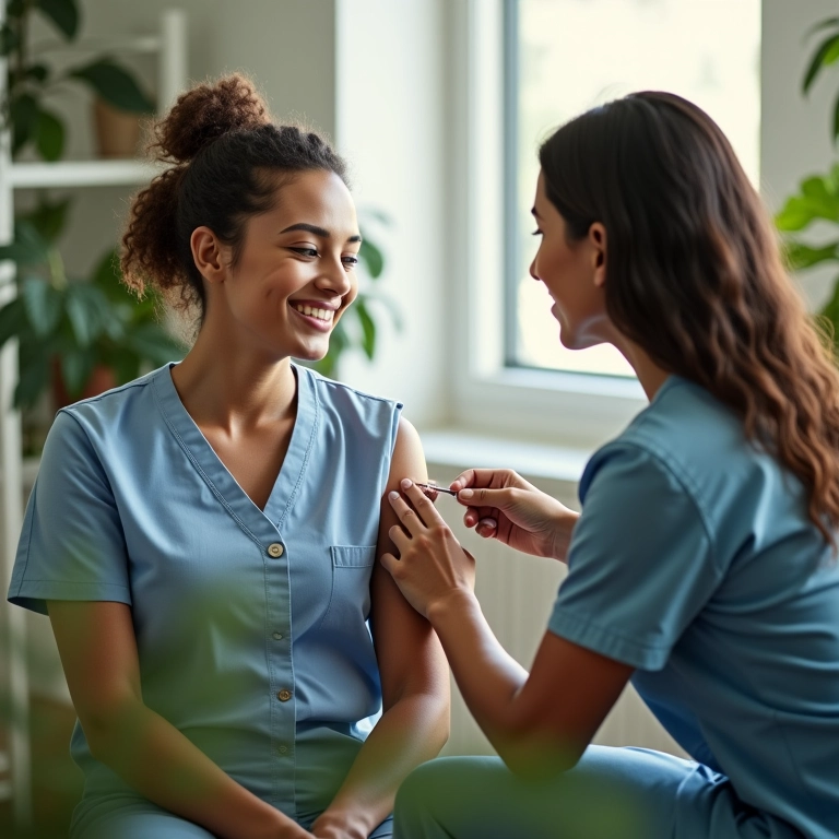 Jovem recebendo vacina em clínica moderna com decoração brasileira.