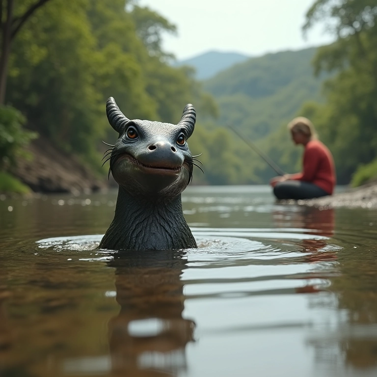 Kappa travesso emerge de rio em paisagem brasileira.