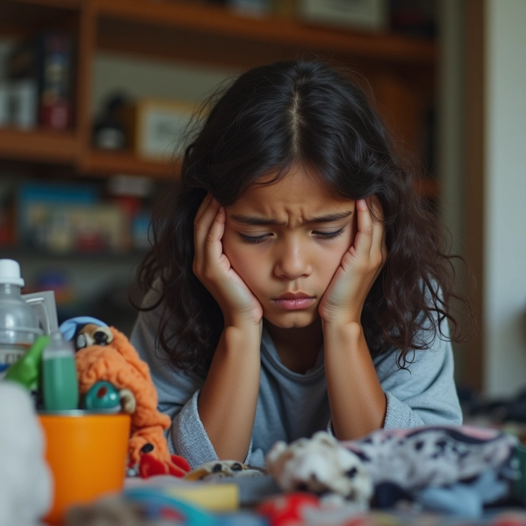 Kitnet bagunçada e apertada com pessoa estressada, representando a necessidade de organização.