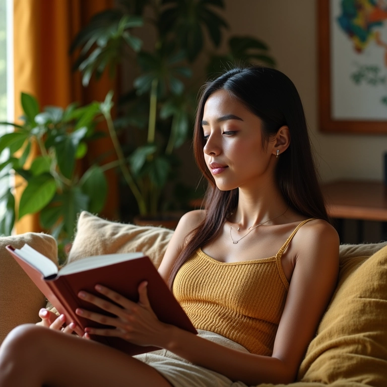Kitnet organizada e aconchegante com mulher relaxando, representando paz interior.