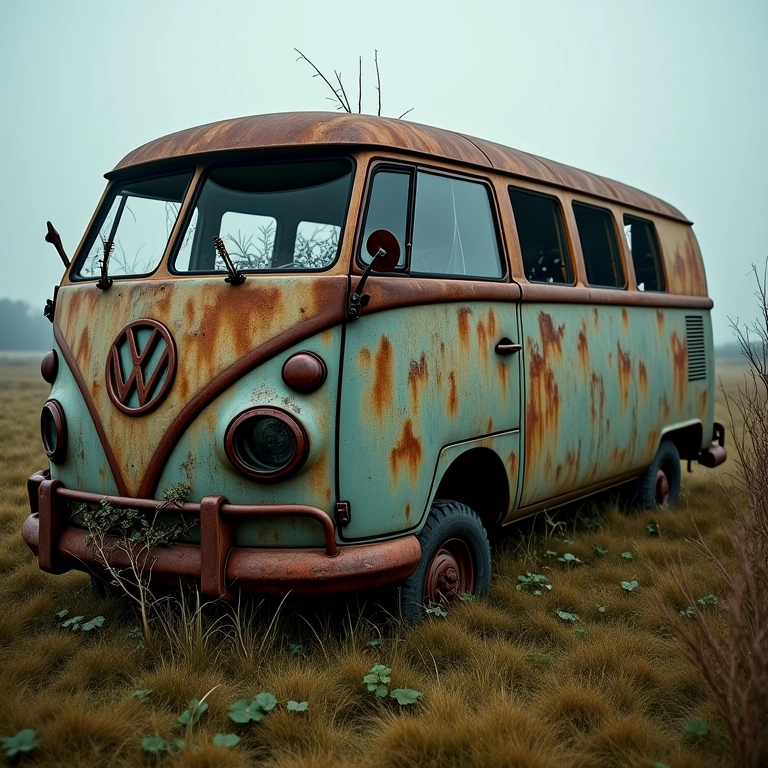 Kombi antiga e enferrujada abandonada em um campo.