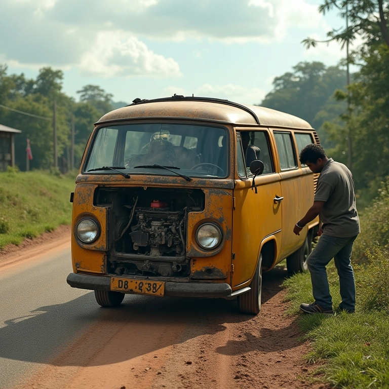 Kombi antiga quebrada em uma estrada rural no Brasil.
