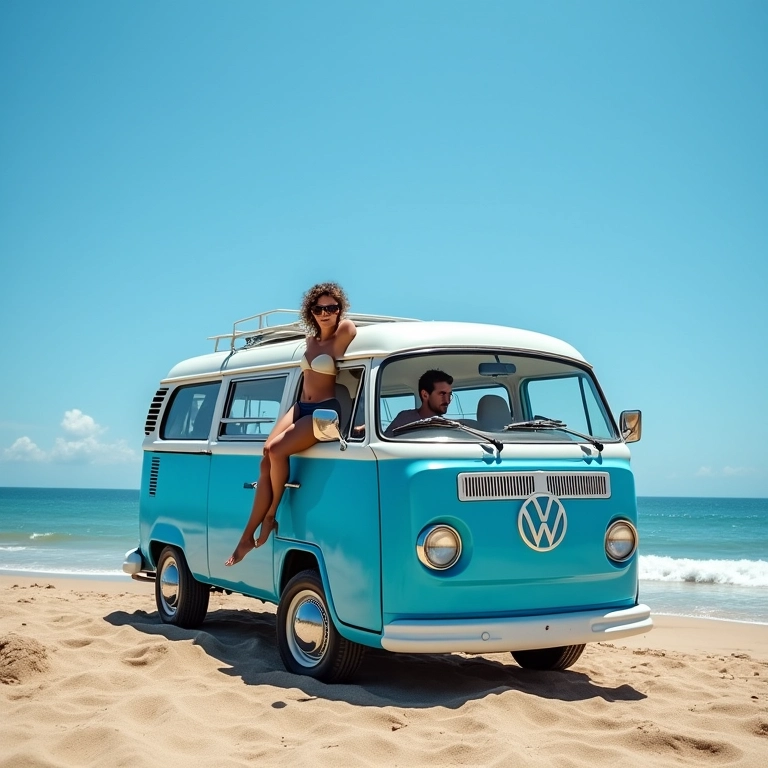 Kombi azul estacionada na praia, representando um sonho e um palpite.
