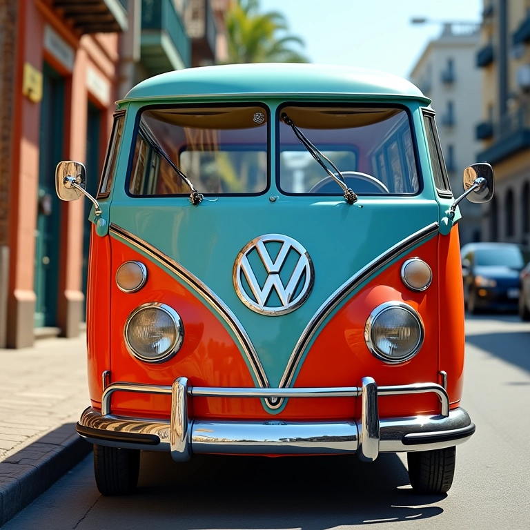 Kombi nova e brilhante estacionada em rua ensolarada no Brasil.