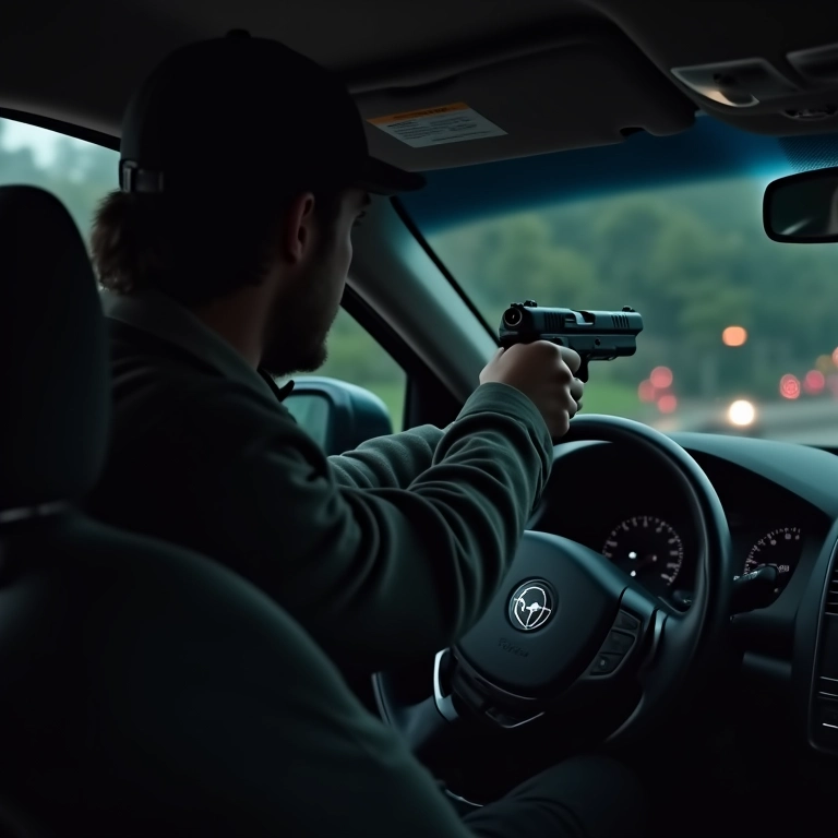 Ladrão armado ameaçando motorista dentro de um carro.