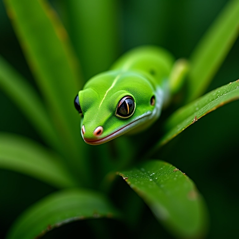 Lagartixa verde camuflada na folhagem, representando adaptação.