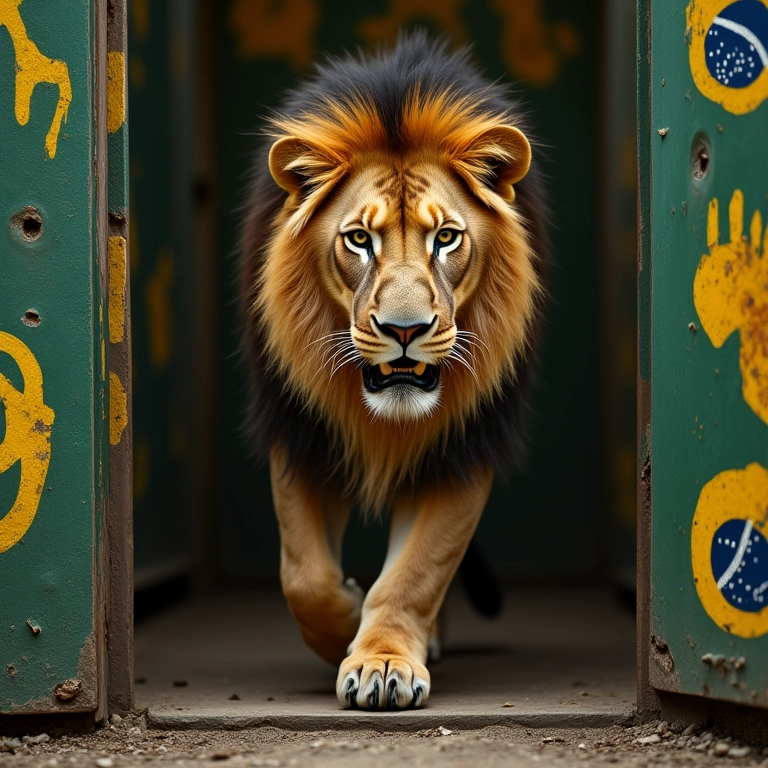 Leão em jaula com padrões brasileiros, simbolizando sentimentos de aprisionamento.