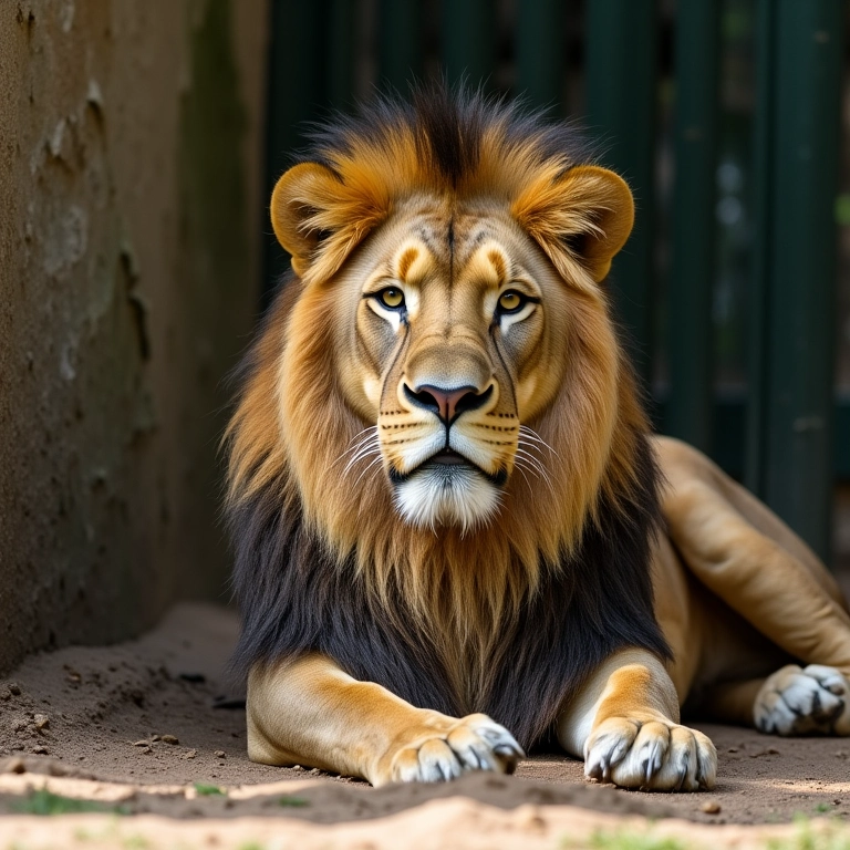 Leão majestoso em um zoológico, representando sonhos e o poder simbólico do animal.