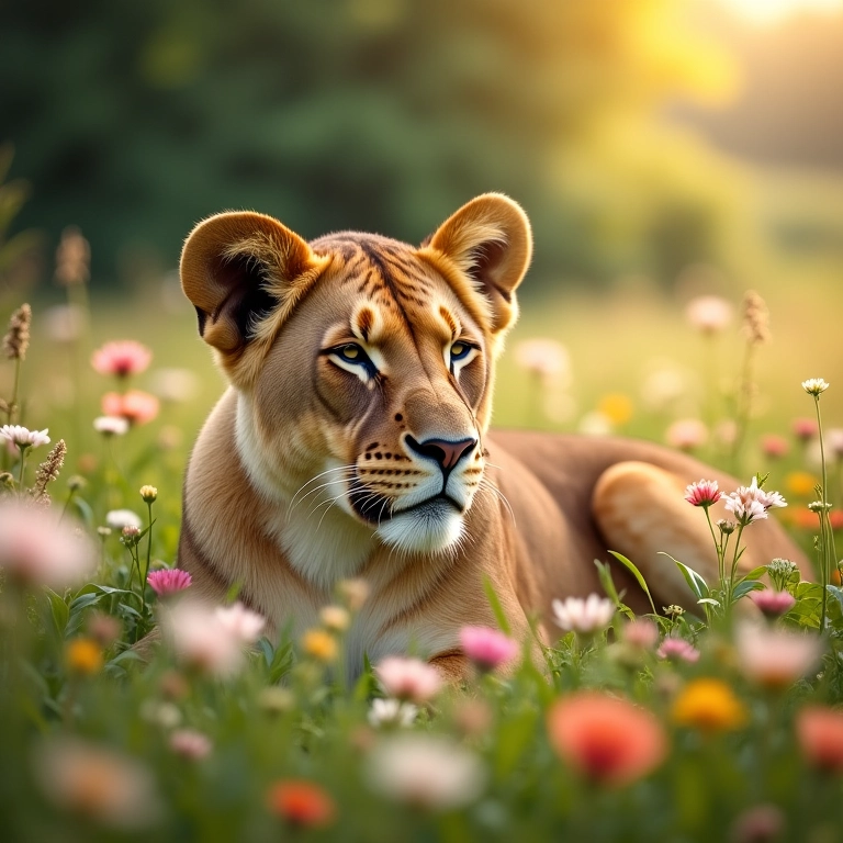 Leoa mansa descansando em um campo florido, representando paz e serenidade.