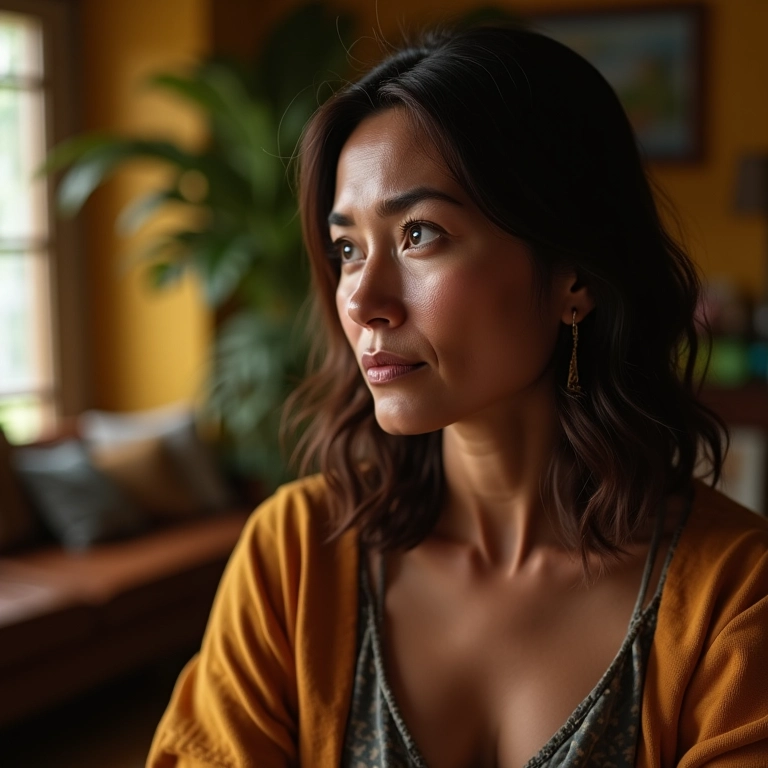 Mãe com olhos marejados em sala aconchegante, pensando no seu bebê.