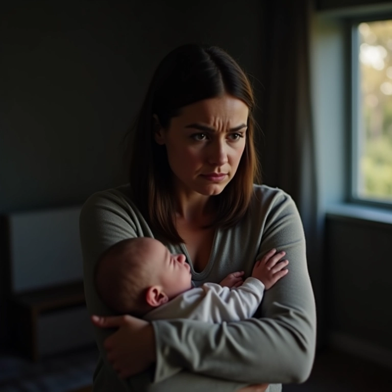 Mãe preocupada cuidando de um bebê doente.