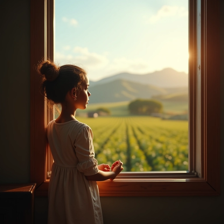 Mãe preocupada olhando pela janela, pensando no filho adulto.