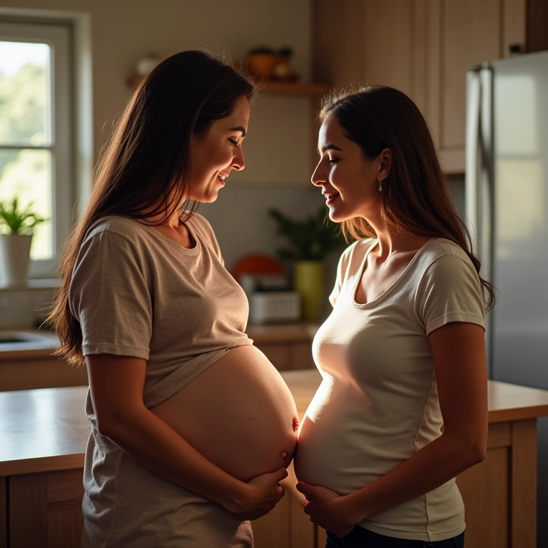 Mãe tocando carinhosamente a barriga da filha grávida na cozinha.
