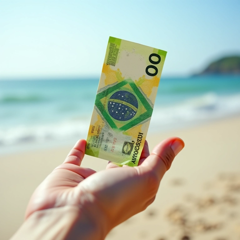 Mão aberta soltando notas de Real ao vento em praia.