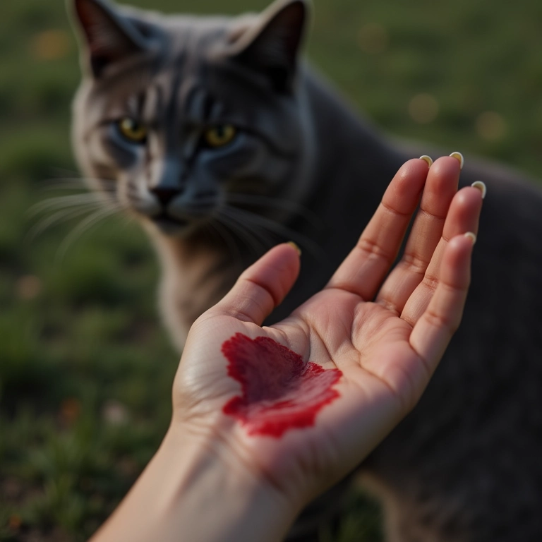 Mão de mulher com marca de mordida de gato e gato cinza irritado ao fundo.
