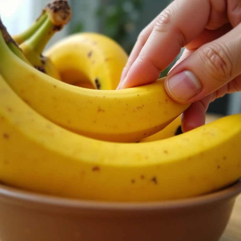 Mão escolhendo banana madura em fruteira numa cozinha brasileira iluminada. Foco na textura e cor vibrante da fruta.