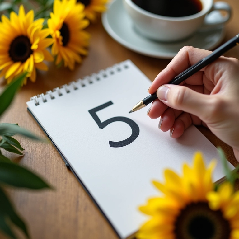 Mão escrevendo o número 5 em um bloco de notas, simbolizando a ação de registrar sonhos e mensagens.